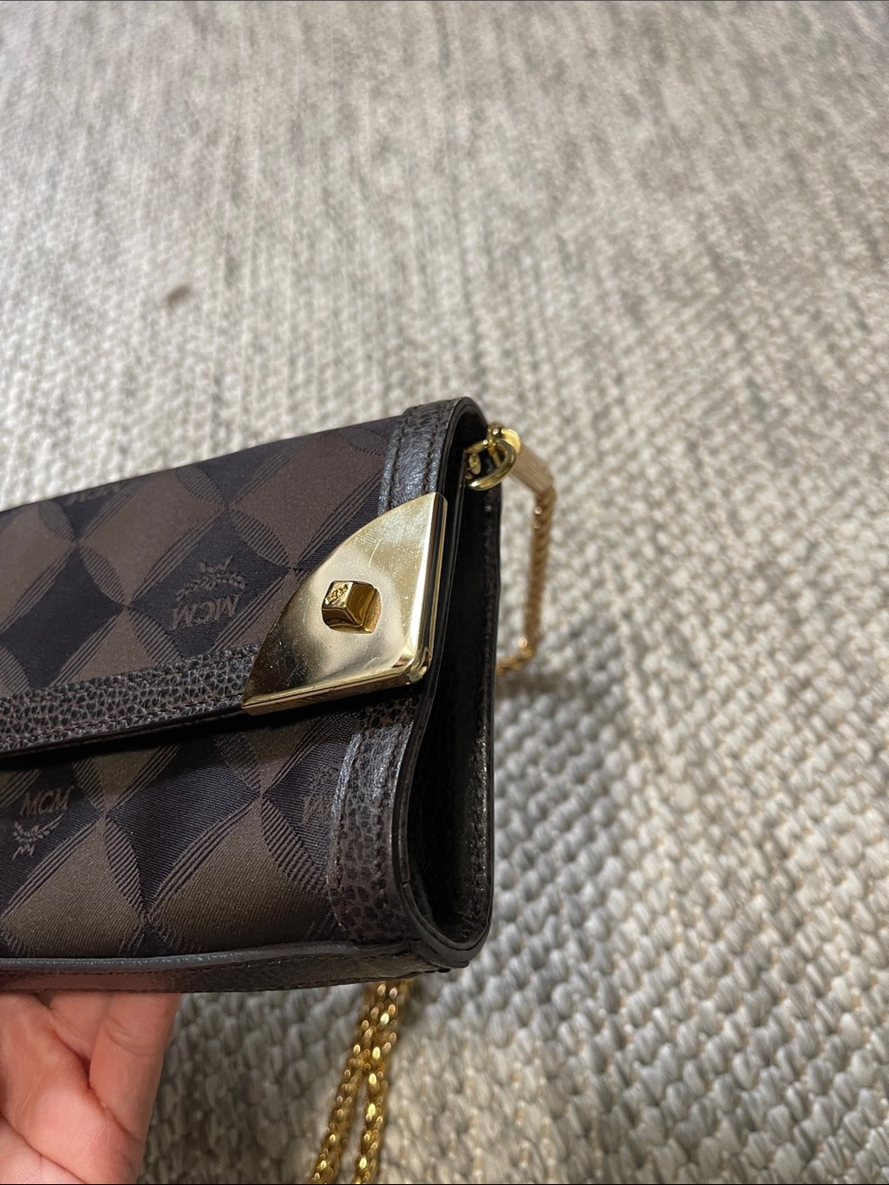 MCM Brown Logo Foldover Clutch/Wallet on Chian with Gold Hardware - Picture 4 of 11